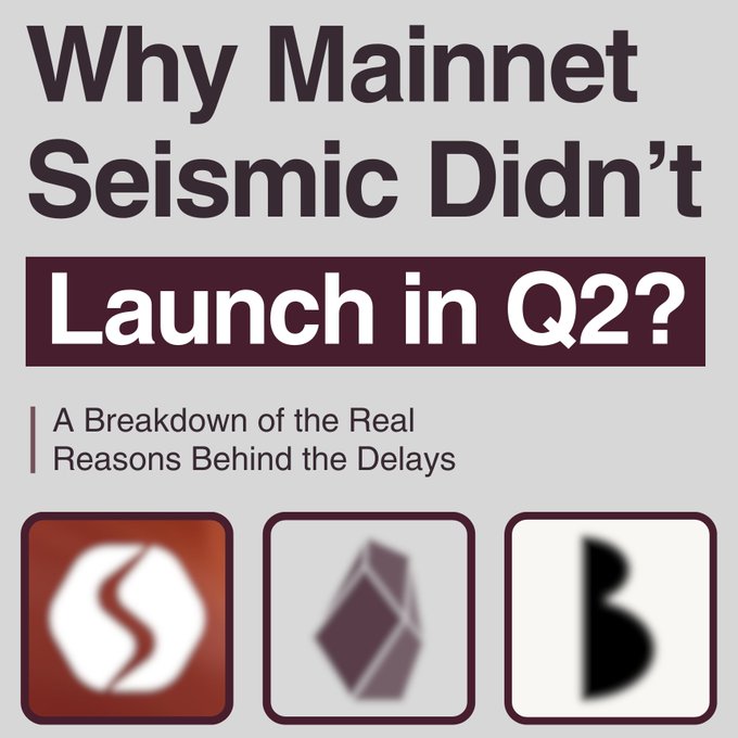 A headline graphic reading 'Why Mainnet Seismic Didn't Launch in Q2?' with subtitle 'A Breakdown of the Real Reasons Behind the Delays' and logos at the bottom.