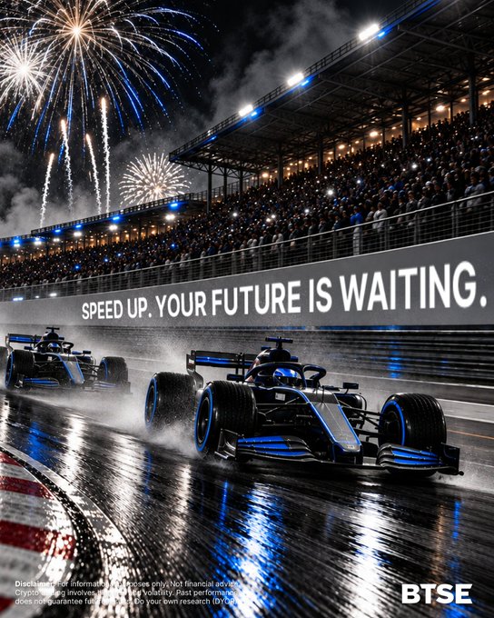 A dramatic promotional graphic for BTSE shows two Formula-style race cars speeding on a track under fireworks, with the slogan 'SPEED UP. YOUR FUTURE IS WAITING.' displayed prominently.