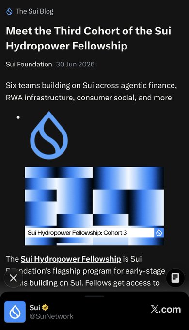 A Sui Blog announcement introducing the third cohort of the Sui Hydropower Fellowship, featuring six early-stage teams building on Sui across agentic finance, RWA infrastructure, and consumer social—relevant to the post highlighting these fellowships as potential sources for the next Sui airdrop.