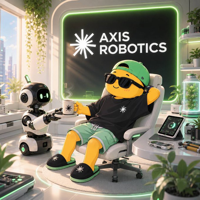 A 3D-rendered mascot character wearing sunglasses and a green cap relaxes in a chair while a small white robot serves coffee in a futuristic 'AXIS ROBOTICS' office setting.