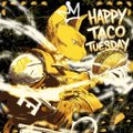 A yellow Power Ranger figure fires a laser against a starry background, with the text "HAPPY TACO TUESDAY" displayed in a retro sign. The festive taco-themed post pairs with the celebratory Power Ranger imagery to hype the @RallyOnChain mint.