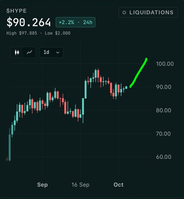 A daily candlestick chart of $HYPE shows the price at $90.264, up +2.2% over 24 hours, with a hand-drawn green arrow highlighting a strong upward momentum from the $90 region toward $100, reaching a high of $97.885.