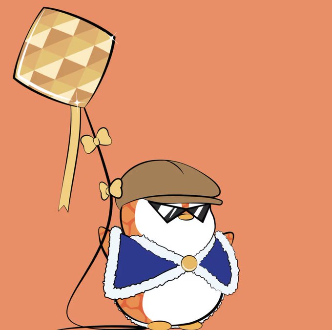 The image features a cartoon penguin standing upright, wearing a hat with a bow and holding a gold-colored kite that has a diamond pattern. The background of the image is orange, which contrasts nicely with the white penguin and blue kite. There are also two small text elements in the image - one reading "Gm Waiting for these fellas to reach 3E each again."