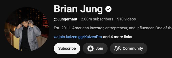 A YouTube channel profile page for Brian Jung (@Jungernaut) with 2.08M subscribers and 518 videos, described as an American investor, entrepreneur, and influencer established in 2011, featuring a profile photo of a young man in a gray jacket.