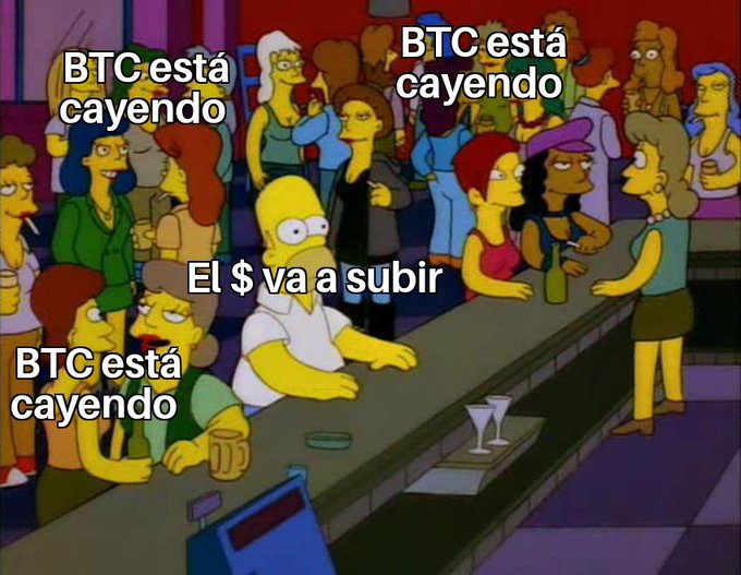 The image shows a group of people sitting at a bar, with some of them holding drinks. There are several descriptions of the scene, including "El $ va a subir", which translates to "The money is under the table". The text also mentions that there's a "BTC esta cayendo" and a "el btc esta cayendo". These phrases likely refer to Bitcoin transactions or the current state of Bitcoin exchanges.
