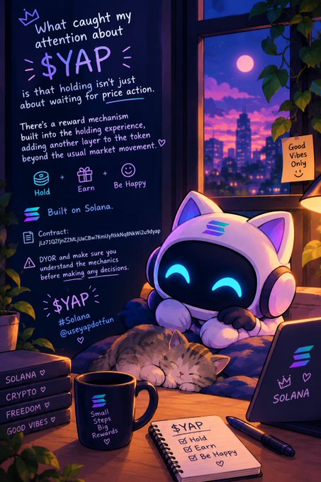 An illustrated promotional graphic about '$YAP' on Solana, featuring a cute robot mascot with a cat, listing its features as 'Hold', 'Earn', and 'Be Happy', alongside notes like 'Built on Solana' and '#useyapdotfun'.