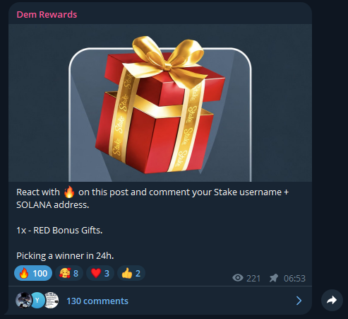 A social media giveaway post from "Dem Rewards" features a red gift box with a gold bow, instructing users to react with 🔥 and comment their Stake username plus Solana address for a chance to win "1x RED Bonus Gifts," with a winner picked in 24 hours (post has 221 views, 130 comments, and 100 fire reactions). The giveaway ties into a live stream wager contest, directing participants to t.me/demrewards for entry.