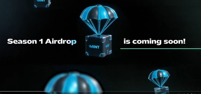 A promotional graphic with a black background displaying "Season 1 Airdrop is coming soon!" alongside 3D-rendered blue and black cubes with parachutes attached, marked with the text "MINT".