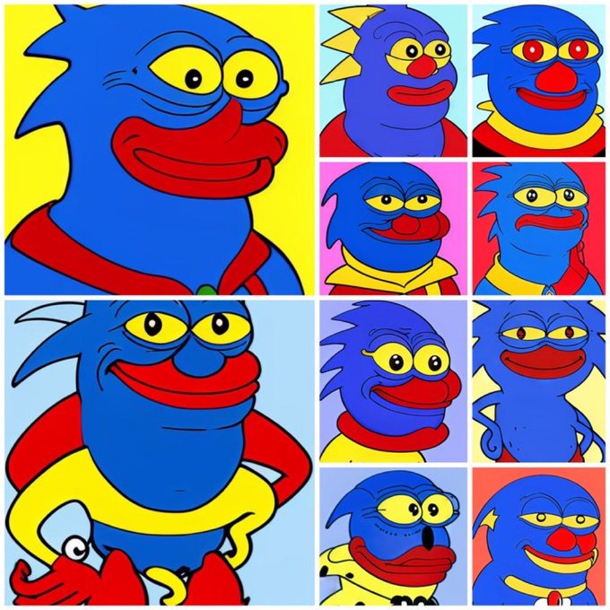 A pop-art style grid displays multiple variations of a blue, furry character with a red nose and lips, reminiscent of a famous muppet.