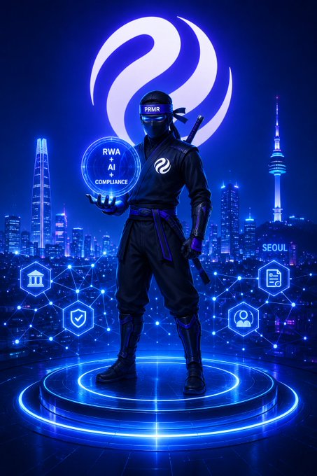 A digital illustration of a masked ninja standing on a glowing platform holds a holographic disc reading 'RWA + AI COMPLIANCE,' set against a blue neon Seoul skyline and the Injective logo.