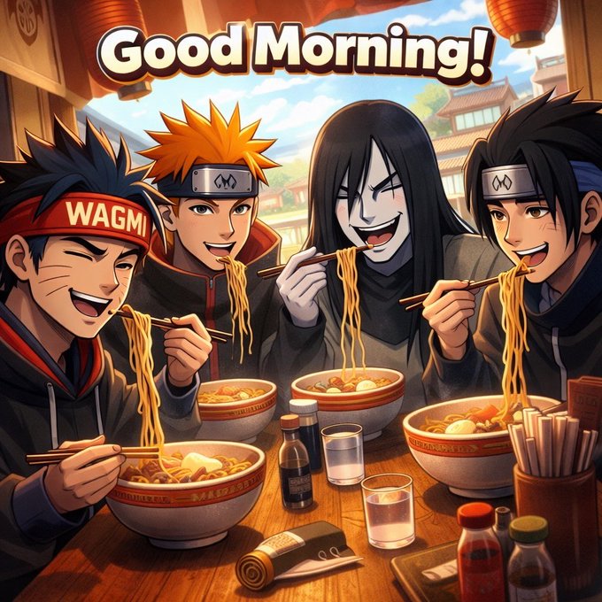 An anime-style illustration showing four Naruto characters (including Naruto, Orochimaru, and Sasuke with a "WAGMI" headband) enthusiastically eating ramen together with the text "Good Morning!" at the top.
