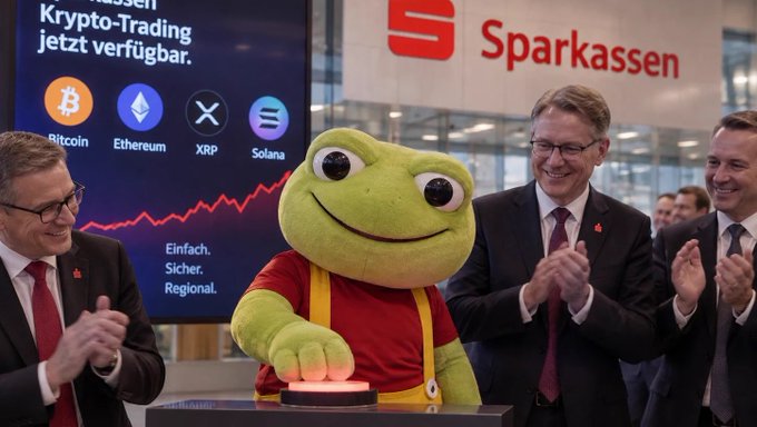 Sparkassen's deputy managing director Ingo Langworthy, mascot Fritz the Frog, and additional executives mark the launch of crypto trading in Germany, with a promotional display behind them featuring Bitcoin, Ethereum, XRP, and Solana logos under the slogan "Krypto-Trading jetzt verfügbar."