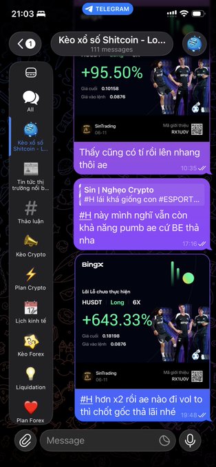 The image shows an iPhone screen with various messages displayed, including one that says "$H dip thành công hơn x2 từ đáy rồi ae giờ có khi x10 thì lại ngon." The post is about a cryptocurrency called Bitcoin, and it has been shared by someone named "Hanoi." The messages are in different languages, including English.