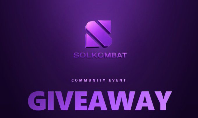 A purple-themed promotional graphic features the "SOLKOMBAT" logo at the top, with "COMMUNITY EVENT" text and a large "GIVEAWAY" announcement at the bottom, promoting a social media contest requiring participants to RT, LIKE, and interact with the post to win.