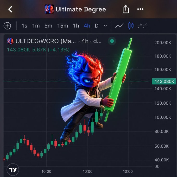 A cryptocurrency trading chart displaying "ULTDEG/WCRO" with a current price of 143.080K and a +4.13% gain, overlaid with a stylized cartoon character holding a glowing green candlestick chart bar.