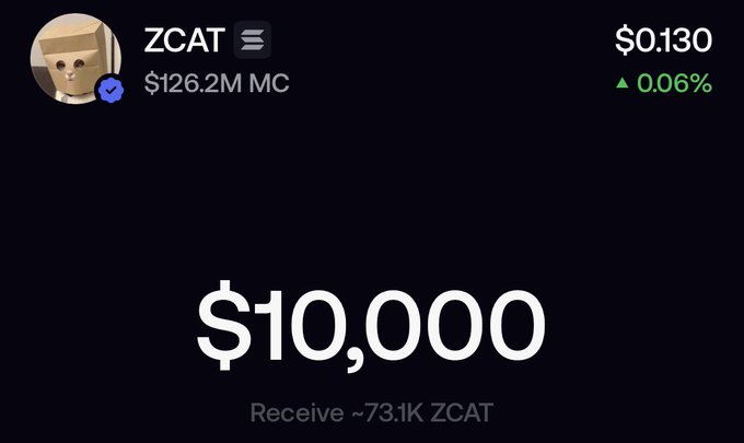 A cryptocurrency exchange interface showing ZCAT token priced at $0.130 with a $126.2M market cap, where $10,000 will receive approximately 73.1K ZCAT.