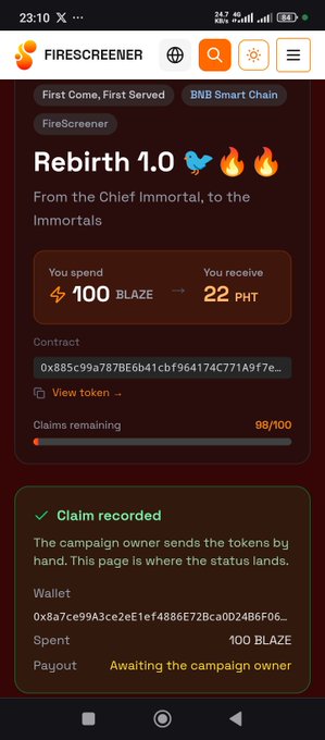 Mobile screenshot of FireScreener showing a 'Rebirth 1.0' token swap offer where you spend 100 BLAZE to receive 22 PHT, with a claim recorded status awaiting campaign owner payout.