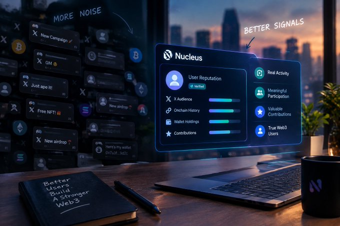 A promotional image for 'Nucleus' showing a futuristic interface with 'User Reputation' and metrics like 'X Audience,' 'Onchain History,' and 'Wallet Holdings,' with text contrasting 'MORE NOISE' with 'BETTER SIGNALS.'