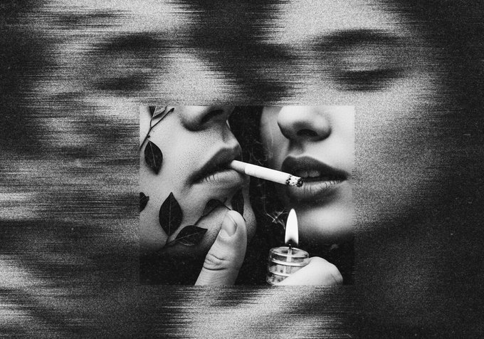 A grainy, glitch-style collage with a distorted face in the background and a central image of two figures sharing a lit cigarette and lighter, framed by horizontal scan lines.