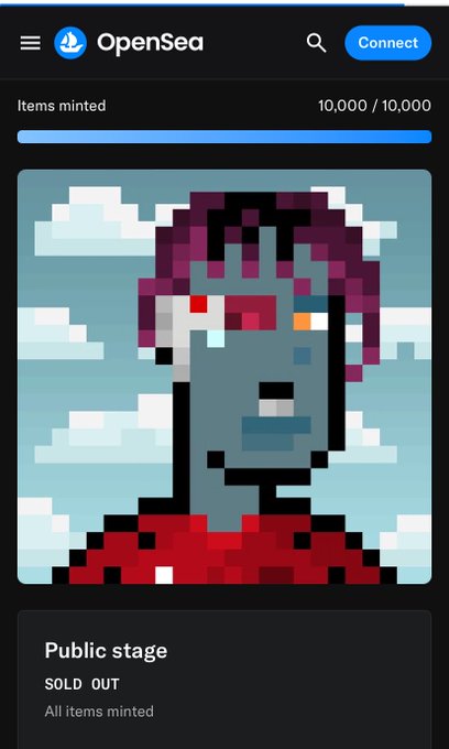 An OpenSea NFT page showing a pixel art CryptoPunk with purple hair and red sunglasses, marked 'SOLD OUT' with 'Items minted 10,000 / 10,000' and 'Public stage - All items minted'.