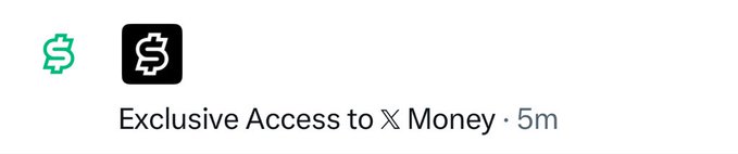 A simple graphic showing two dollar sign icons (one teal, one black) with the text "Exclusive Access to X Money · 5m" below.