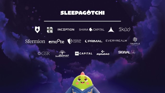 The image displays the "Sleepagotchi" logo and website header against a starry purple background, showcasing its investor and partner roster including Inception, Shima Capital, 1k(x), Sfermion, Primal, Everyrealm, Signum Capital, GSR, LD Capital, and AlphaDAO, with a small green creature character reading a book at the bottom. This promotional graphic supports the post's theme by visually presenting the project's backing and credibility, reinforcing the idea that Sleepagotchi is a well-funded platform expanding sleep tracking into a broader lifestyle ecosystem.