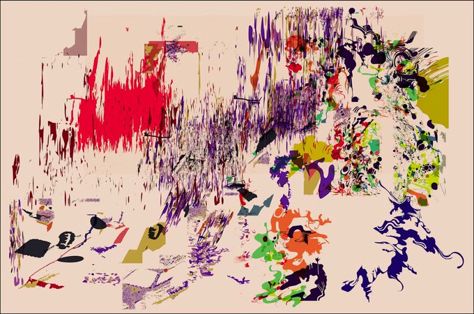 An abstract digital artwork featuring chaotic splashes and strokes of red, purple, green, orange, black, and yellow on a beige background.