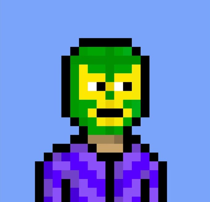 A pixel art portrait depicts a wrestler wearing a green and yellow lucha libre-style mask paired with a purple patterned robe, set against a blue background—matching the post's humorous expression of personal identity.