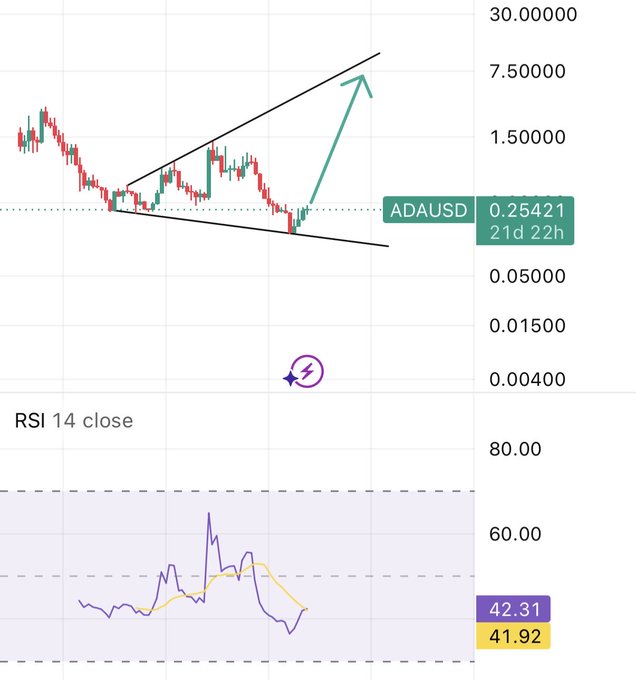 Trading chart for ADA/USD with a price of 0.25421, showing a symmetrical triangle pattern and an RSI of 42.31 indicating potential upward breakout.