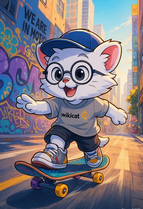 An illustration of Wikicat, a cartoon white cat wearing glasses, a blue cap, and a Wikicat shirt, riding a skateboard on a city street with graffiti.