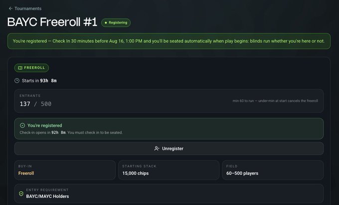 A screenshot of a tournament registration page for 'BAYC Freeroll #1' showing 137/500 entrants, a starting stack of 15,000 chips, and entry requirements for BAYC/MAYC holders.