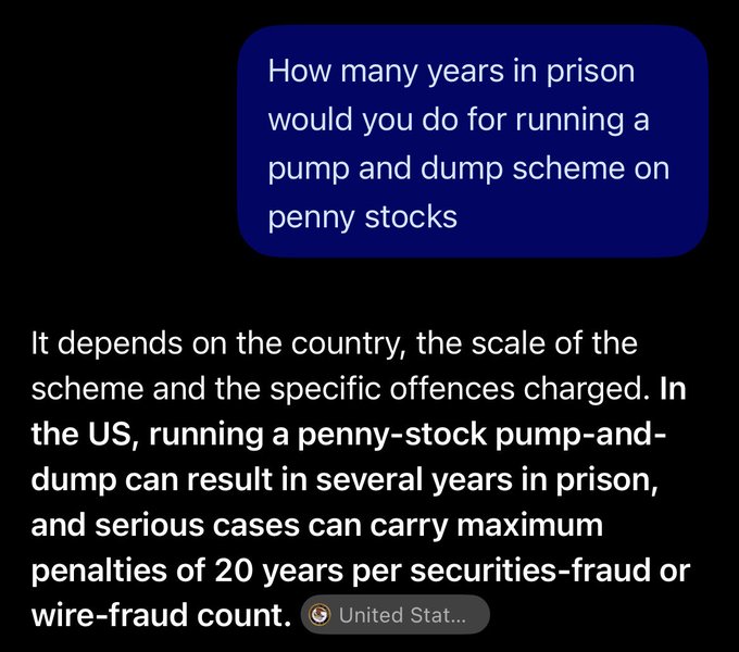 A conversation screenshot shows a question about prison time for running a penny stock pump-and-dump scheme, with an AI response explaining that "in the US... serious cases can carry maximum penalties of 20 years per securities-fraud or wire-fraud count." The post calls for using "@0xethan" as an example with a suggested 10-year sentence, aligning with the image's discussion of severe penalties for such schemes.