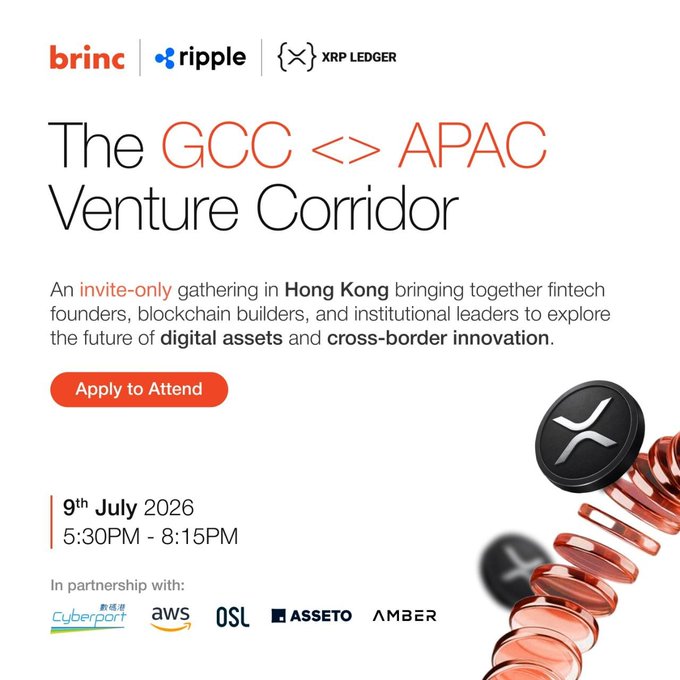 An invite-only event poster for "The GCC <> APAC Venture Corridor" hosted by Brinc, Ripple, and XRP Ledger on July 9th, 2026, in Hong Kong, featuring partners including Cyberport, AWS, OSL, Asseto, and Amber. The image visually represents the post's theme of tokenization, with a stylized chain of coin-like discs and the XRP logo symbolizing digital asset innovation and cross-border capital flows between GCC and APAC markets.