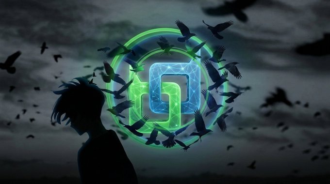 A stylized silhouette of a person in the foreground with a glowing green Sui (SUI) blockchain logo surrounded by flying birds against a dark, cloudy sky.