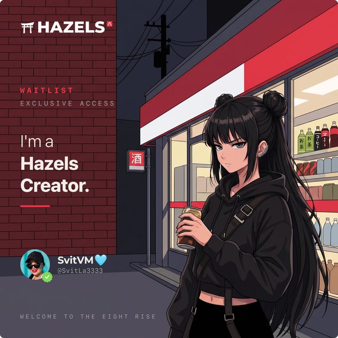 Promotional graphic for 'HAZELS' featuring an anime-style girl holding a coffee cup outside a storefront, labeled 'I'm a Hazels Creator' by SvitVM (@SvitLa3333).