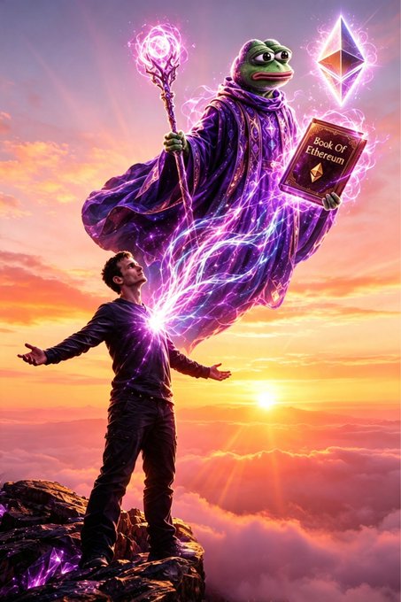 A man stands on a cliff as a wizard-like Pepe the Frog in purple robes emerges from a glowing orb, holding a staff and the 'Book Of Ethereum' next to an Ethereum diamond symbol.