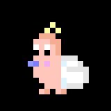A small pixel art sprite of a winged character with a yellow crown, pink cheeks, and a purple detail, set against a black background.