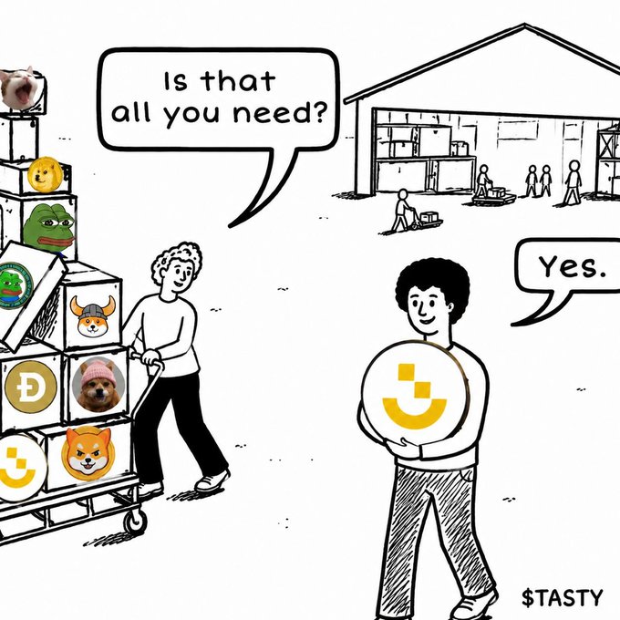 A black-and-white cartoon showing a person pushing a cart of meme coin logos (including Pepe, Doge, and Shiba Inu), with another person holding a circle containing a yellow 'D' symbol, captioned '$TASTY'.