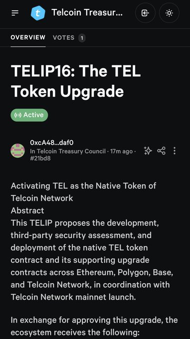 The image shows a Telcoin Treasury governance proposal page for "TELIP16: The TEL Token Upgrade," marked as "Active," which aims to activate TEL as the native token of the Telcoin Network through an upgrade contract deployed across Ethereum, Polygon, Base, and Telcoin Network—directly aligning with the post announcing a "yes" vote by user 0xcA48...daf0.