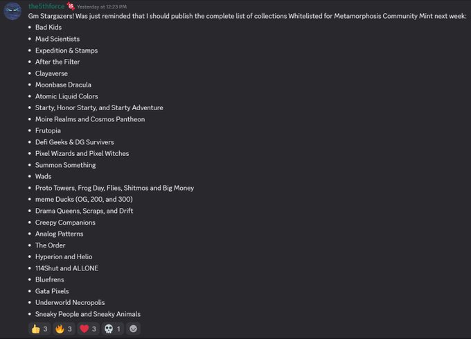 A Discord message from 'theSt3force' listing NFT collections whitelisted for Metamorphosis Community Mint, including Bad Kids, Mad Scientists, Clayaverse, and others, with reactions visible at the bottom.
