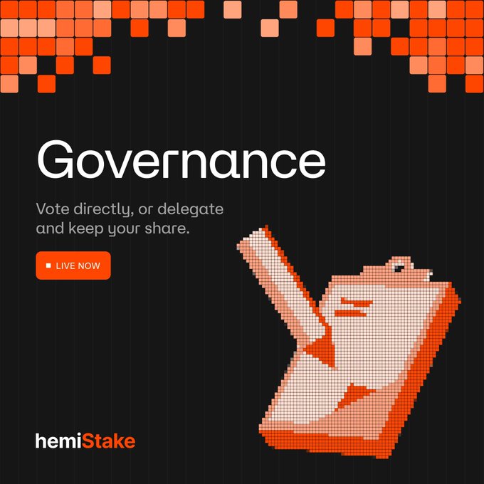 A 'hemiStake' promotional banner with the headline 'Governance' and tagline 'Vote directly, or delegate and keep your share,' featuring an orange 'LIVE NOW' button and a pixelated illustration of a hand placing a ballot.