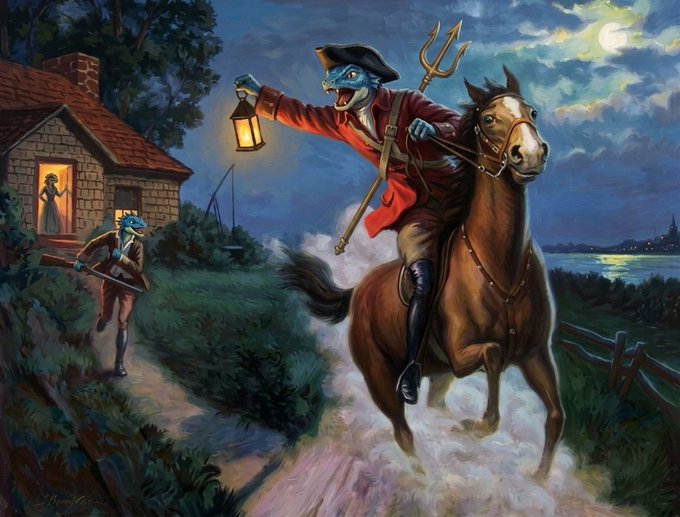A fantasy painting depicting a fish-like humanoid in a tricorn hat and red coat riding a horse at night, holding a lantern and trident, while another similar figure approaches a cottage.