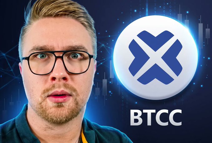 A man with glasses appears alongside the BTCC logo and "BTCC" text on a digital blue background featuring a stock chart, promoting a giveaway offering to win 5000 XRP for signing up at btcc.com.
