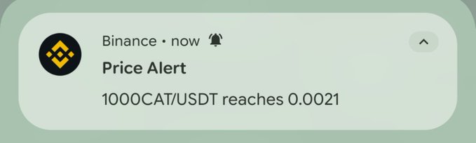 A Binance push notification price alert stating '1000CAT/USDT reaches 0.0021'.