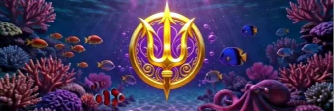A golden trident emblem glows at the center of an underwater coral reef scene filled with tropical fish and octopus tentacles. The image relates to the post by representing the $SIREN token's upgraded Pro status on Moby, with the mythical trident symbolizing power and prominence.