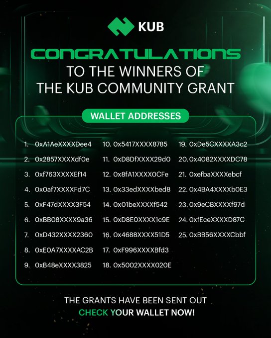 A green-themed announcement from KUB listing "CONGRATULATIONS TO THE WINNERS OF THE KUB COMMUNITY GRANT" with 25 partially redacted wallet addresses and the message "THE GRANTS HAVE BEEN SENT OUT CHECK YOUR WALLET NOW!"