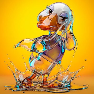 A stylized digital illustration of a metallic-looking duck with liquid splashes, set against a bright yellow background.