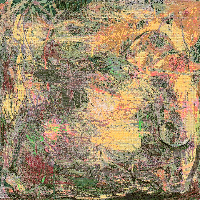 An abstract mixed media composition dominated by textured green, yellow, and red-brown tones. The piece features layered, painterly strokes with what appears to be a mosaic or cross-hatched texture overlay, with no visible text or numbers.