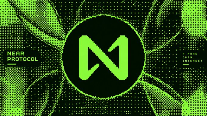 A graphic displaying the Near Protocol logo with the tagline 'A MORE OPEN INTERNET' against a green pixelated background.
