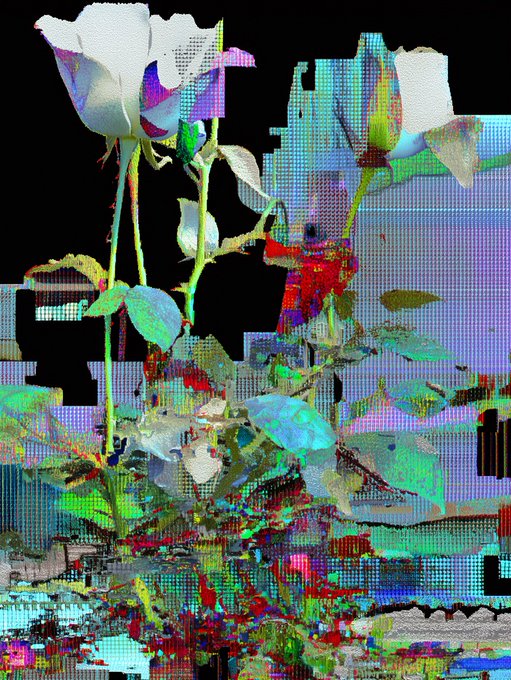 A heavily distorted, glitch-art rendering of a rose plant with white blooms, fragmented leaves, and digital artifacts in vibrant green, blue, and red hues against a black background.